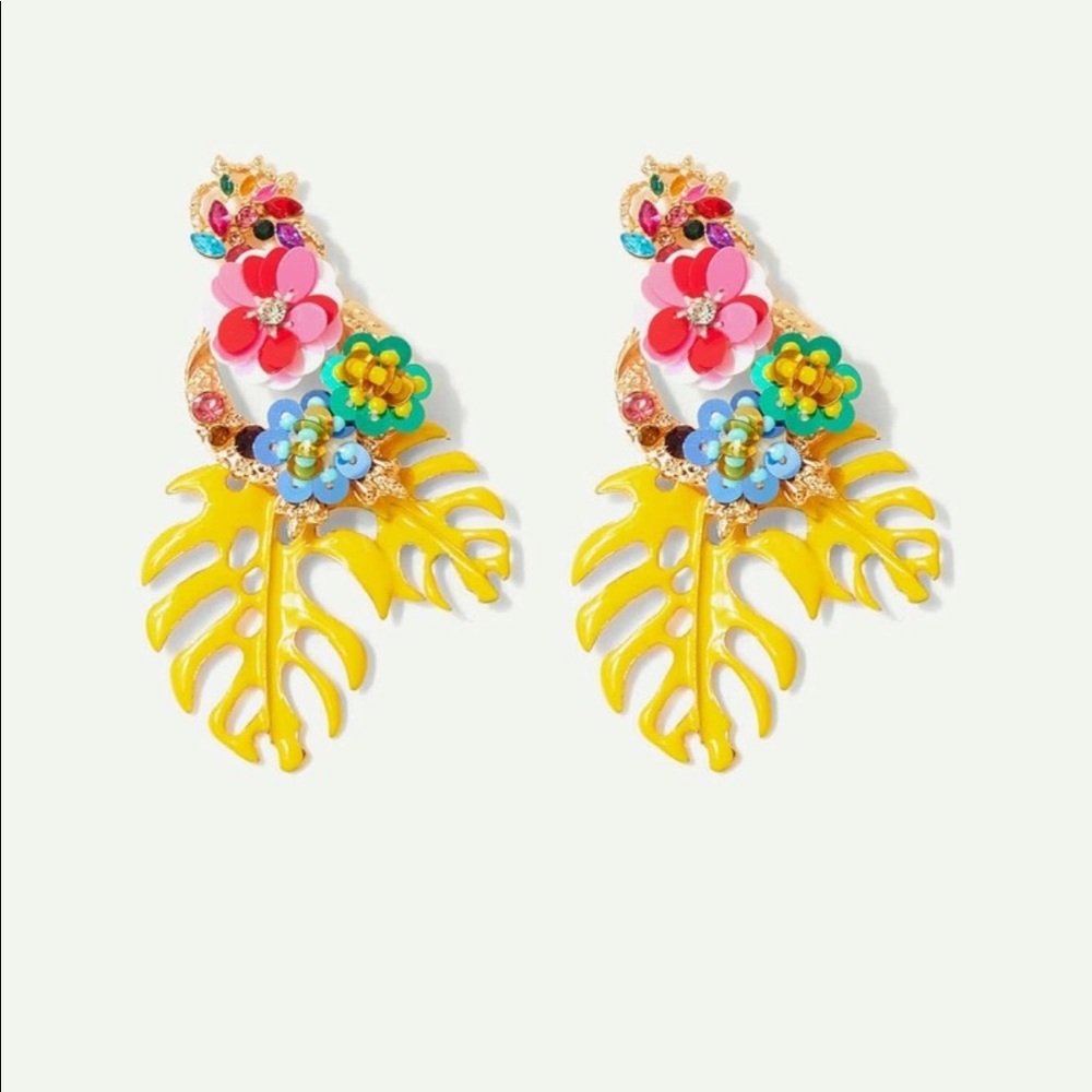 Tropical Leaves & Sequin Flower Drop Earrings